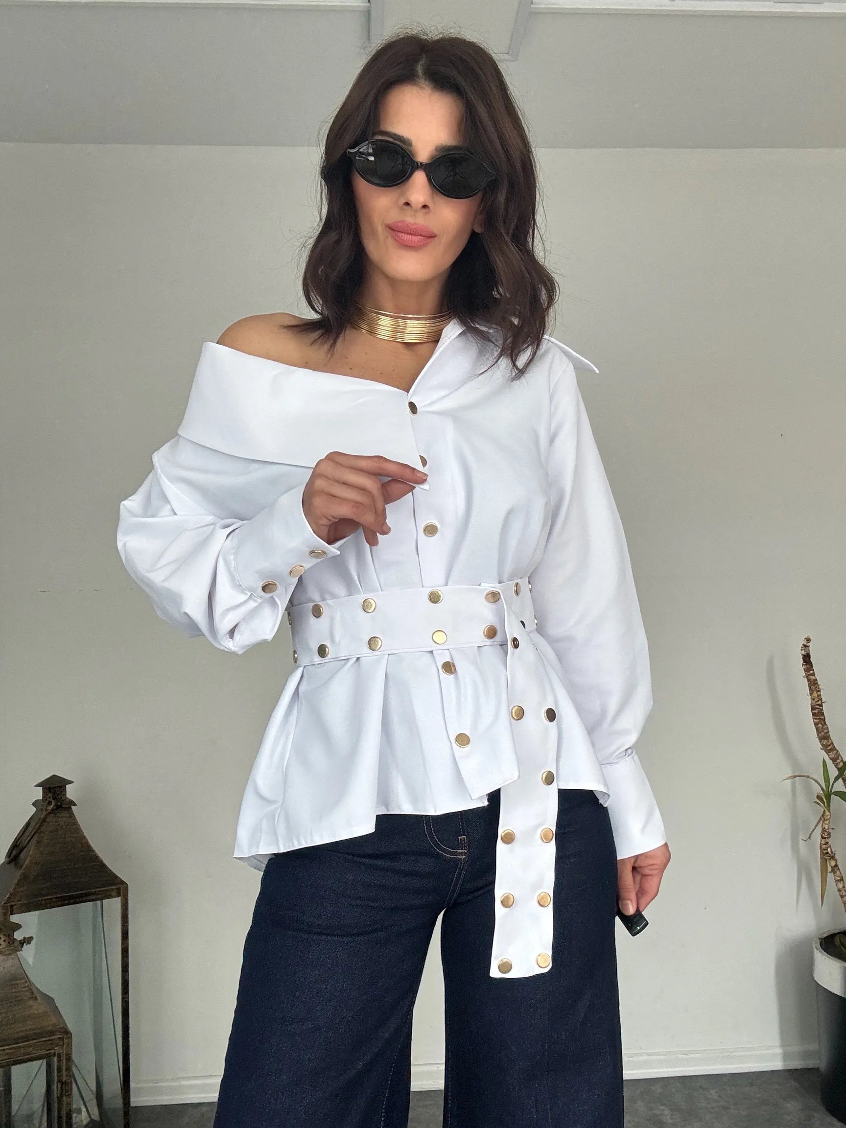 One-Shoulder Belted Blouse