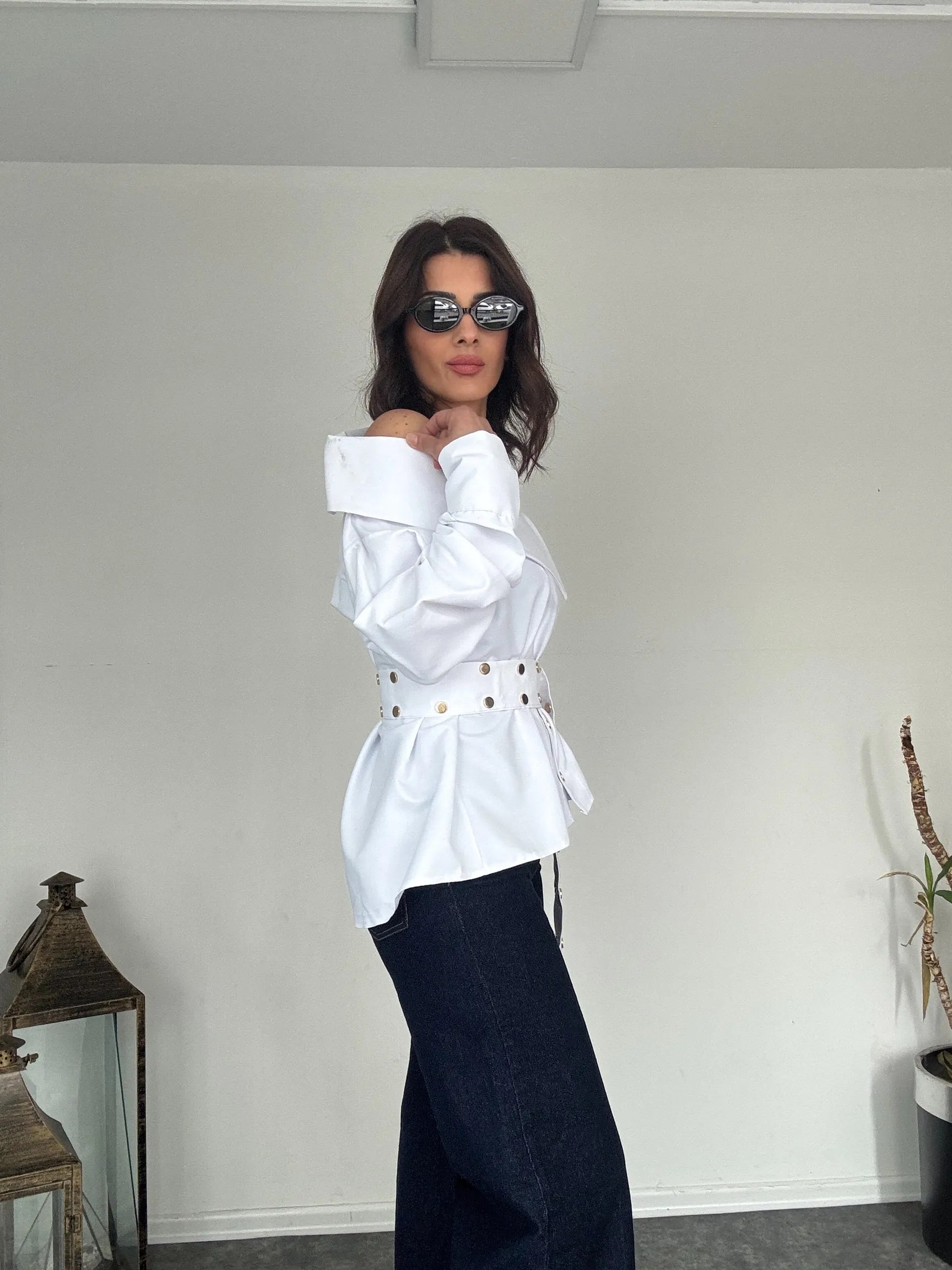 One-Shoulder Belted Blouse