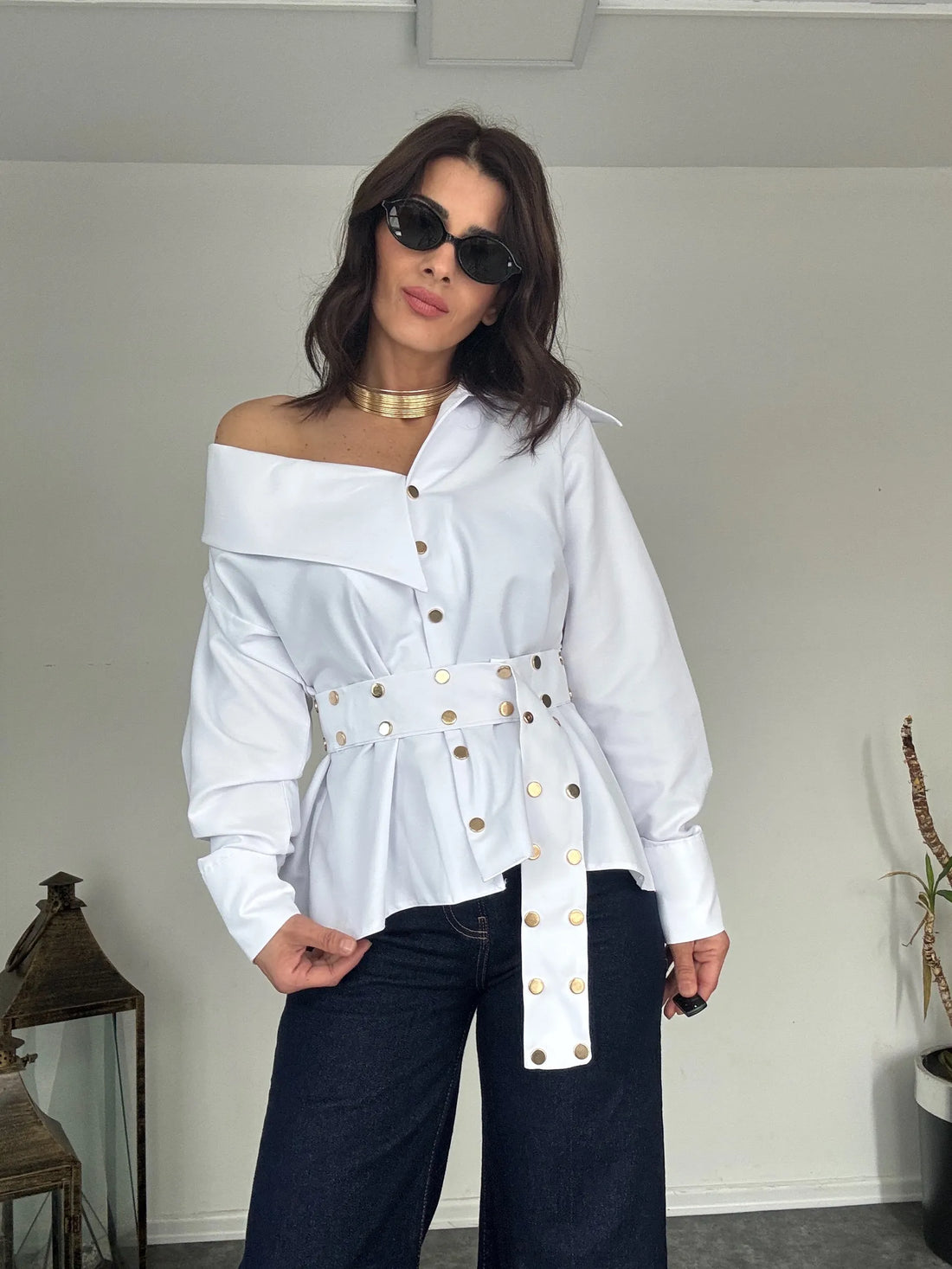 One-Shoulder Belted Blouse