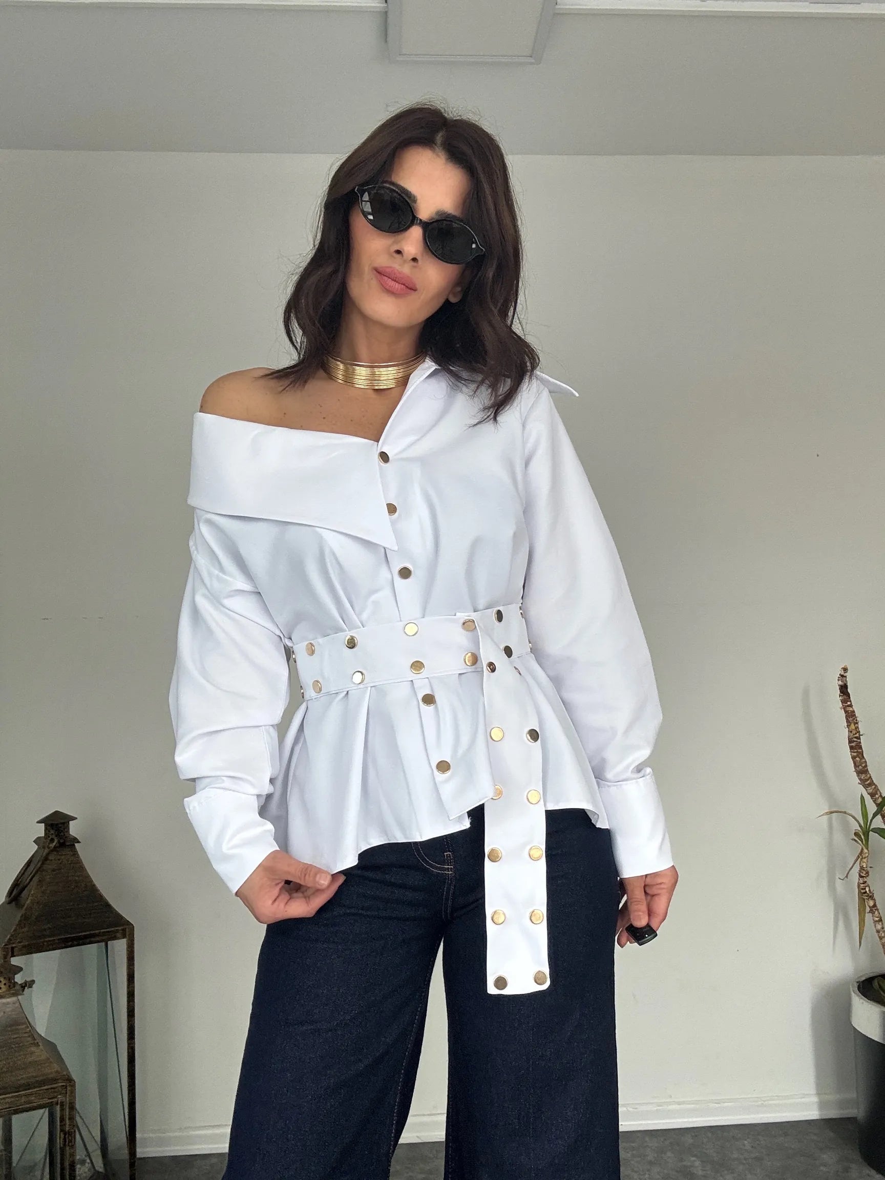 One-Shoulder Belted Blouse