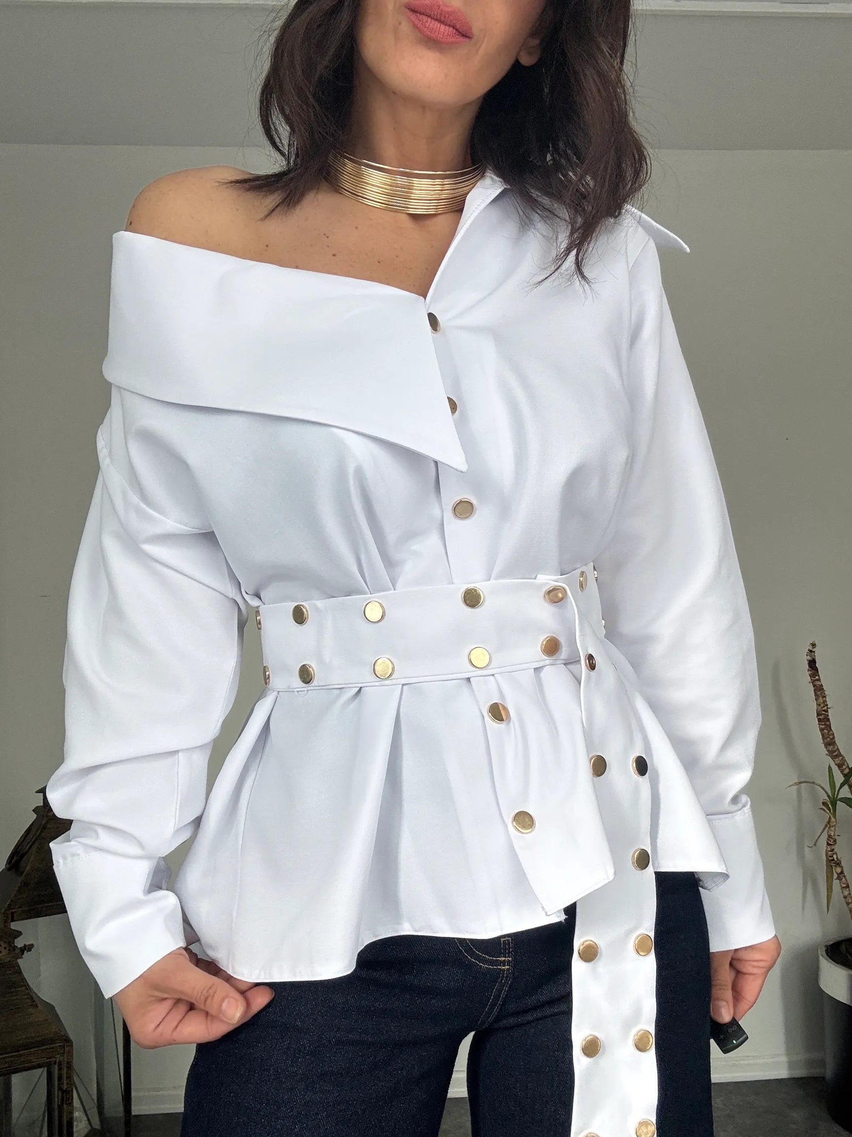 One-Shoulder Belted Blouse