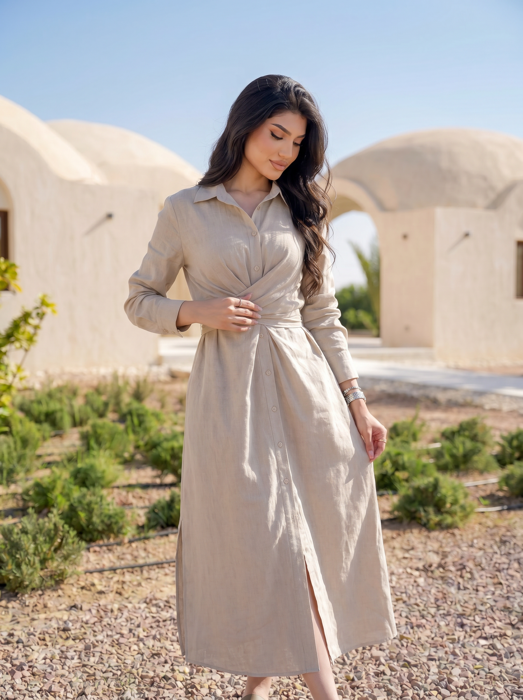 Twist-Waist Linen Shirt Dress