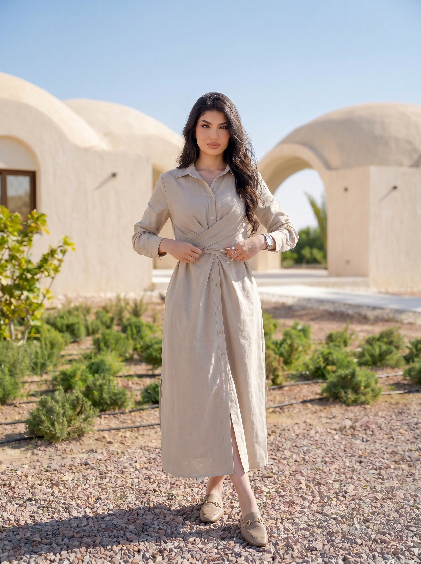 Twist-Waist Linen Shirt Dress