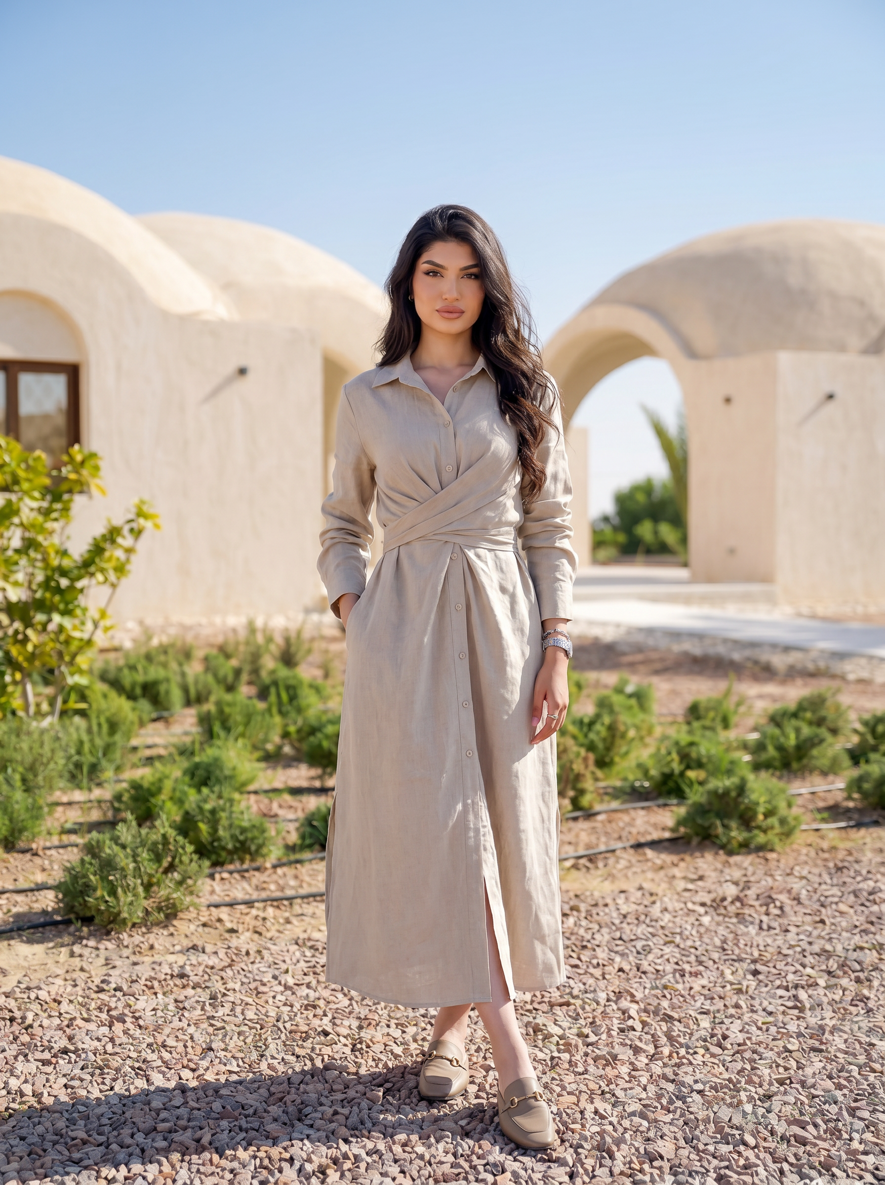 Twist-Waist Linen Shirt Dress