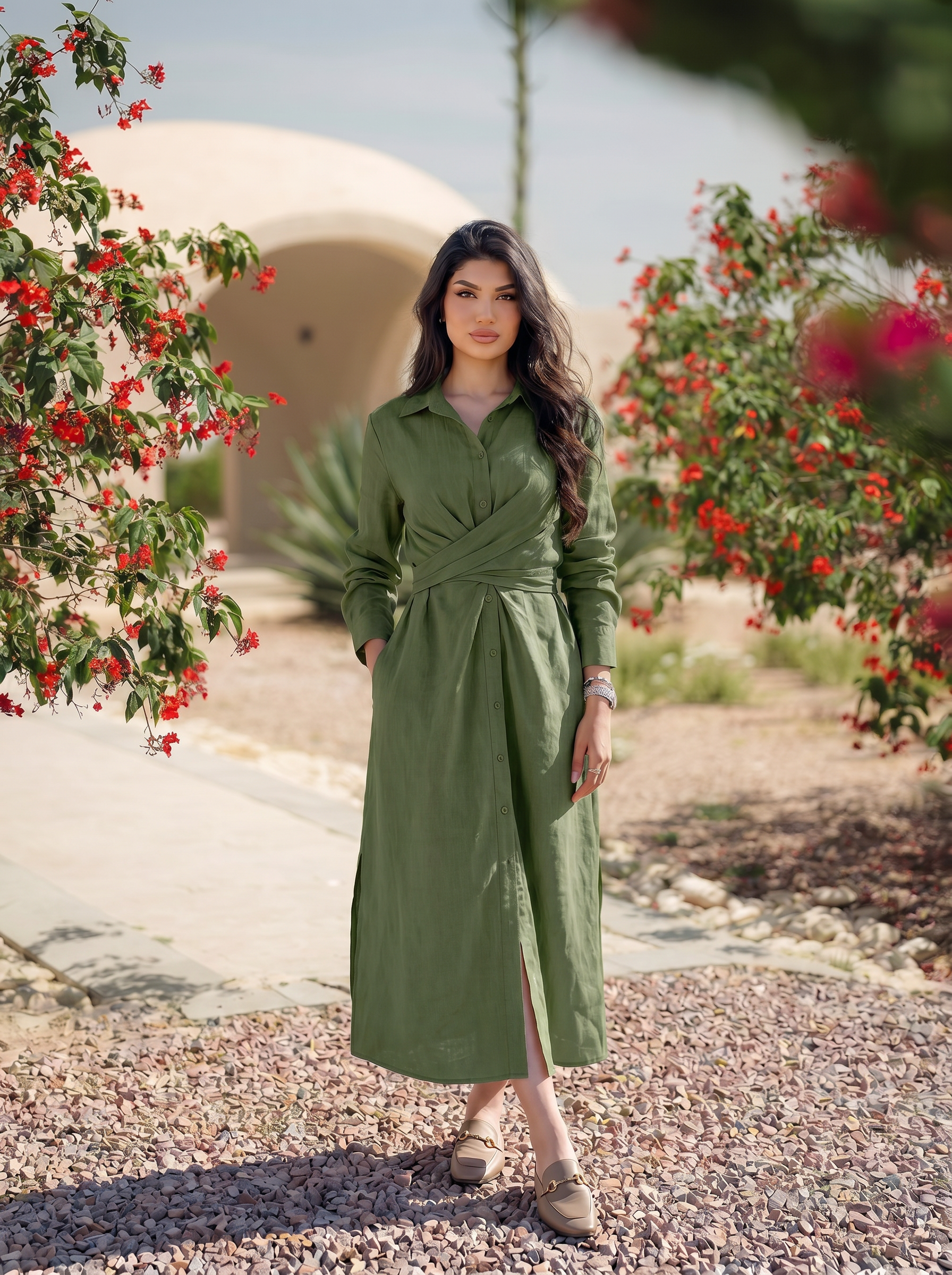 Twist-Waist Linen Shirt Dress
