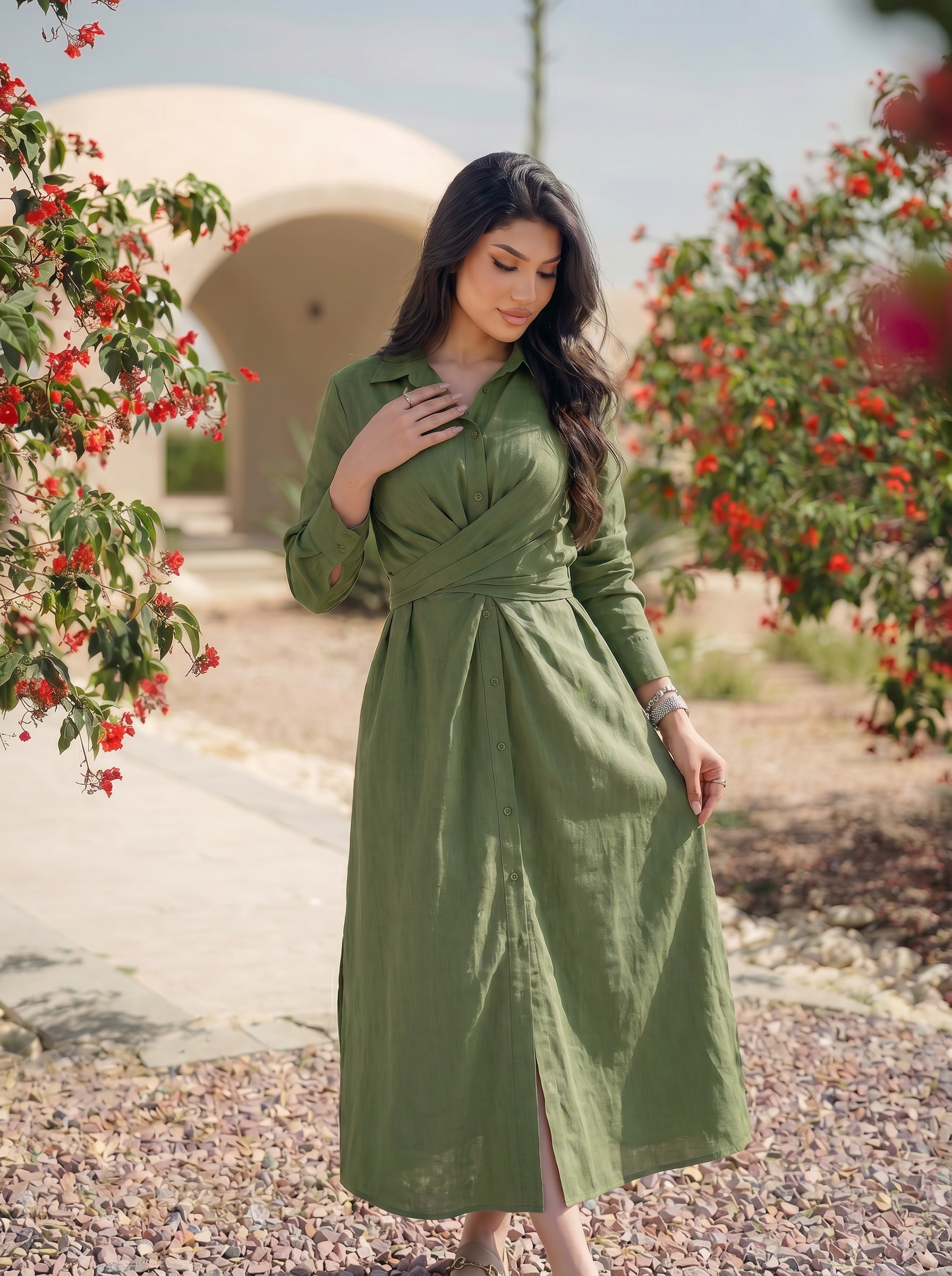 Twist-Waist Linen Shirt Dress