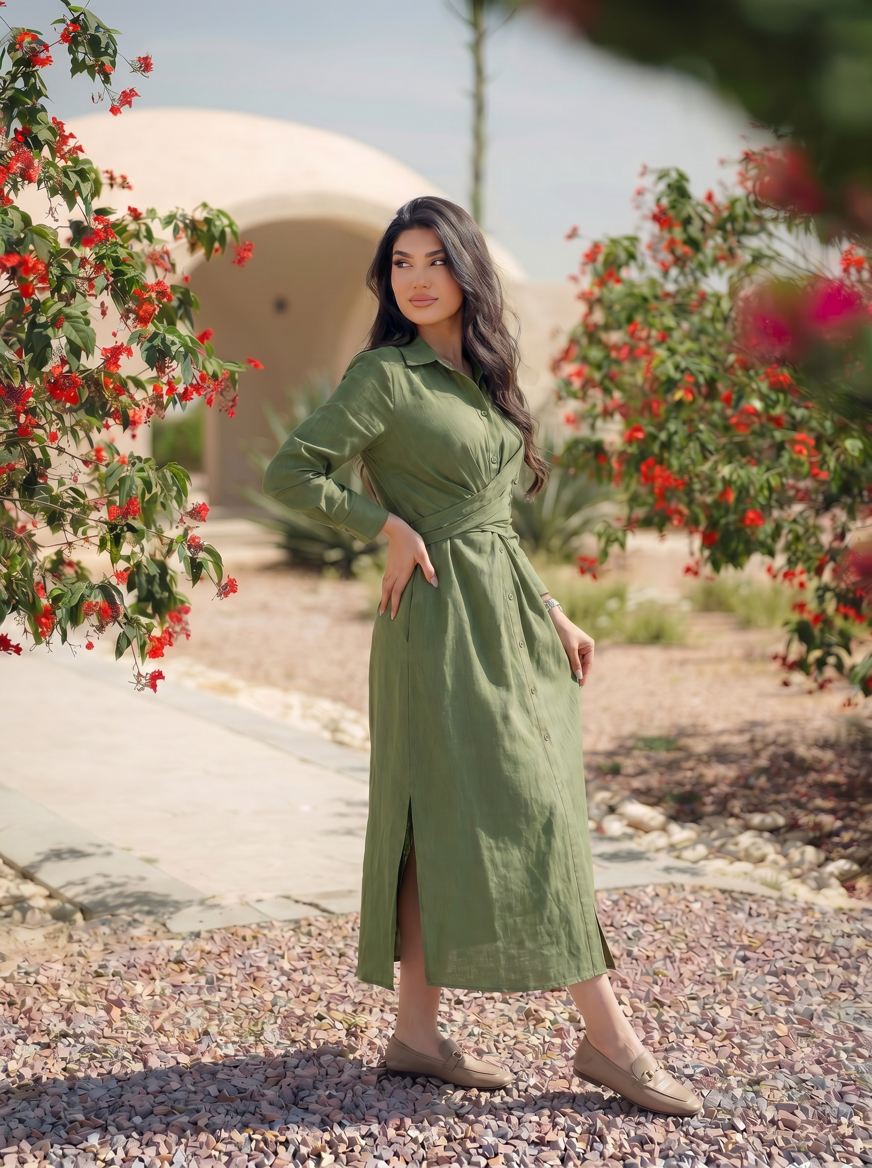 Twist-Waist Linen Shirt Dress