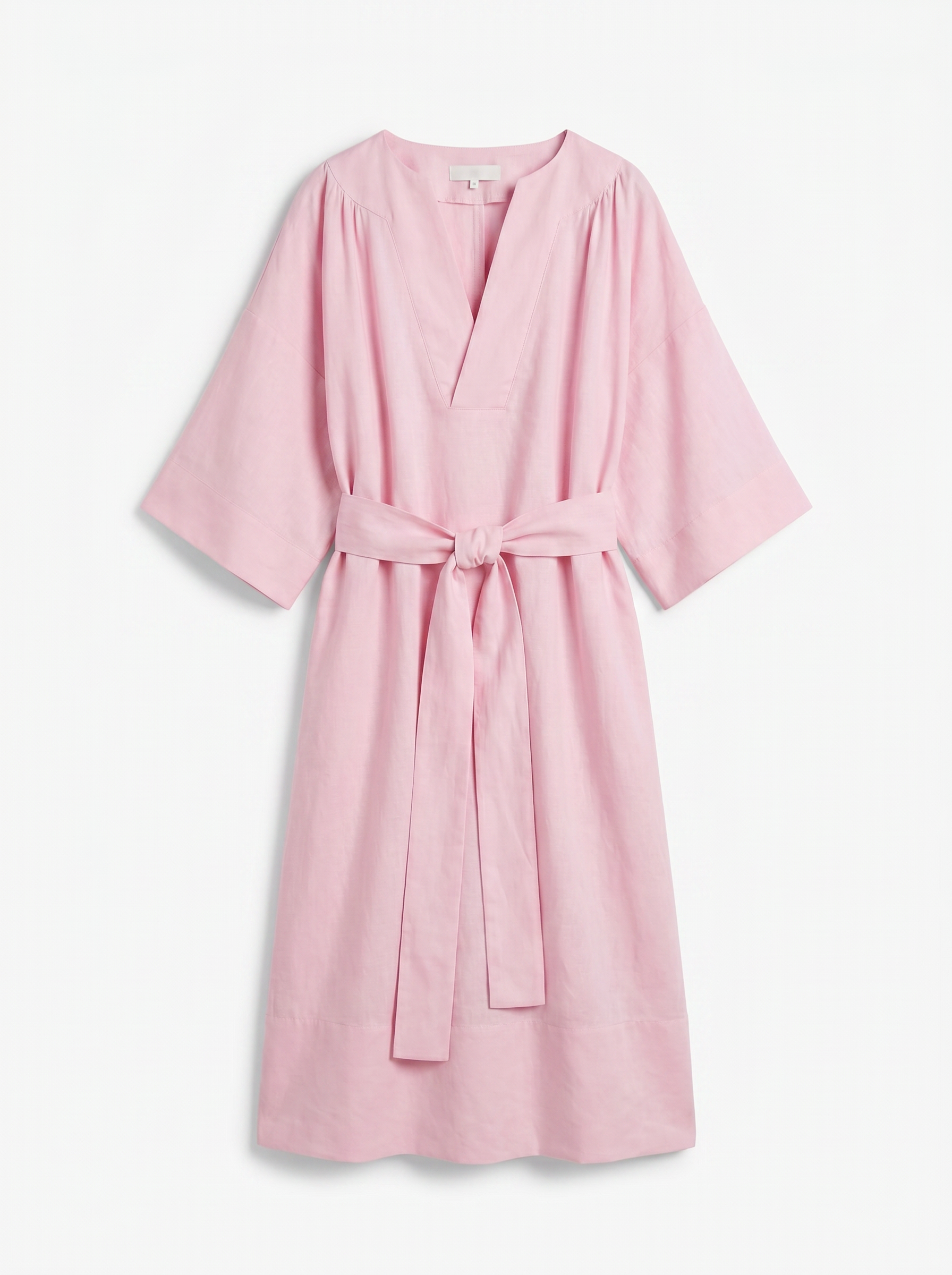 V-Neck Belted Linen Dress