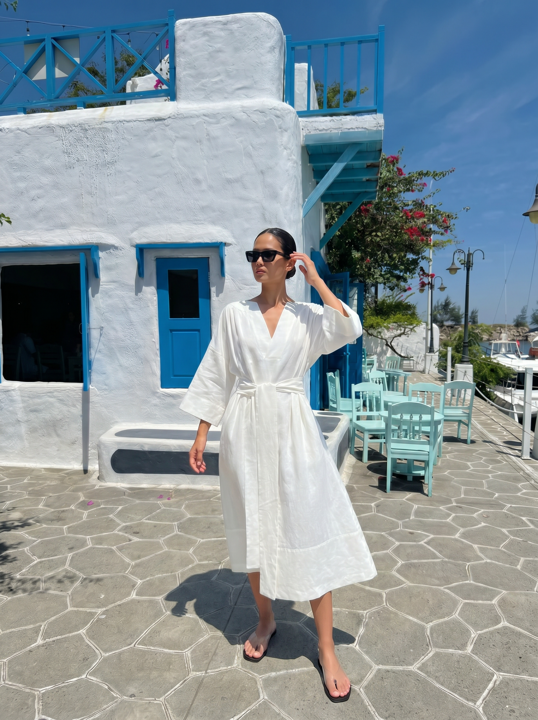 V-Neck Belted Linen Dress