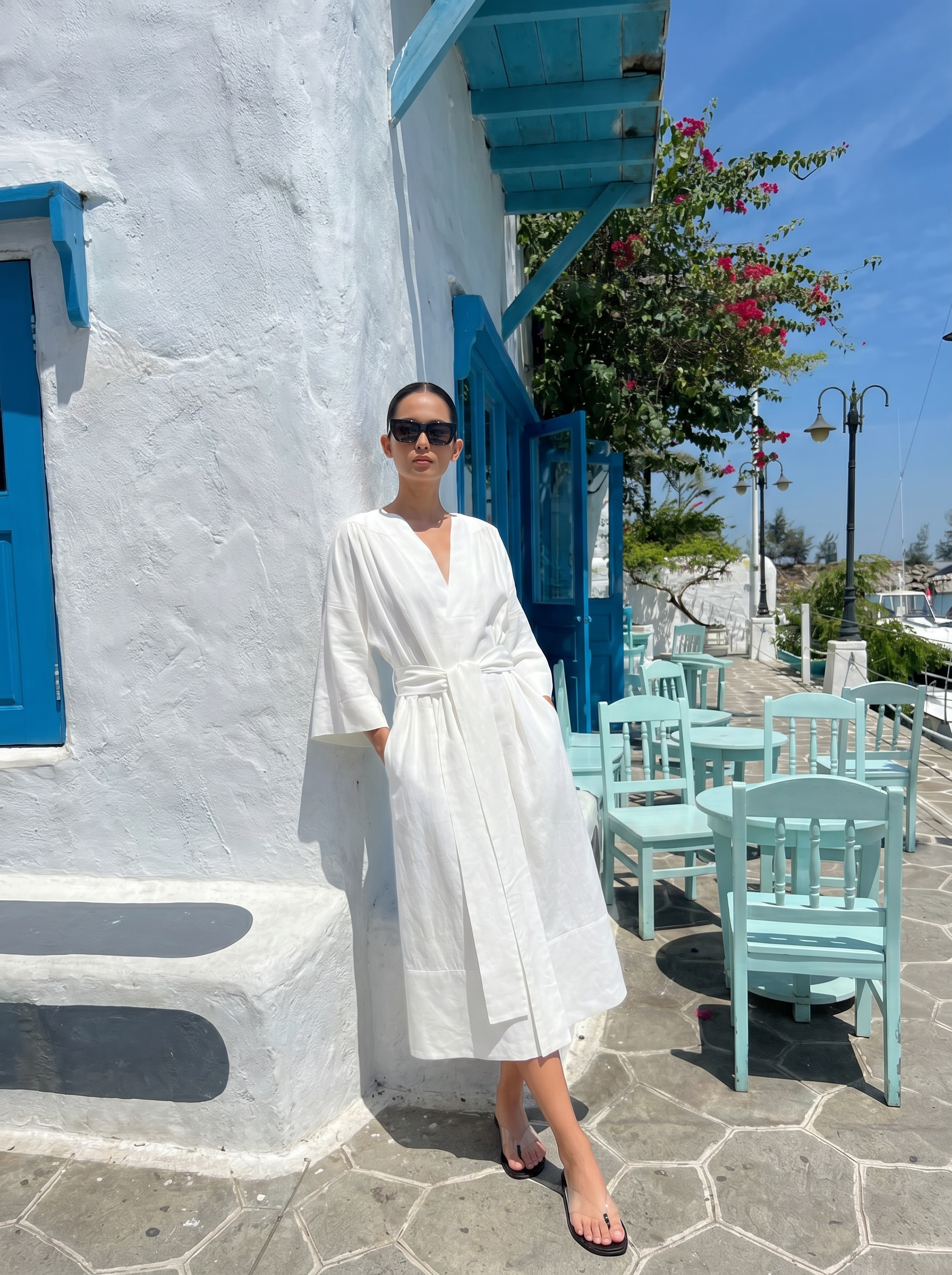 V-Neck Belted Linen Dress