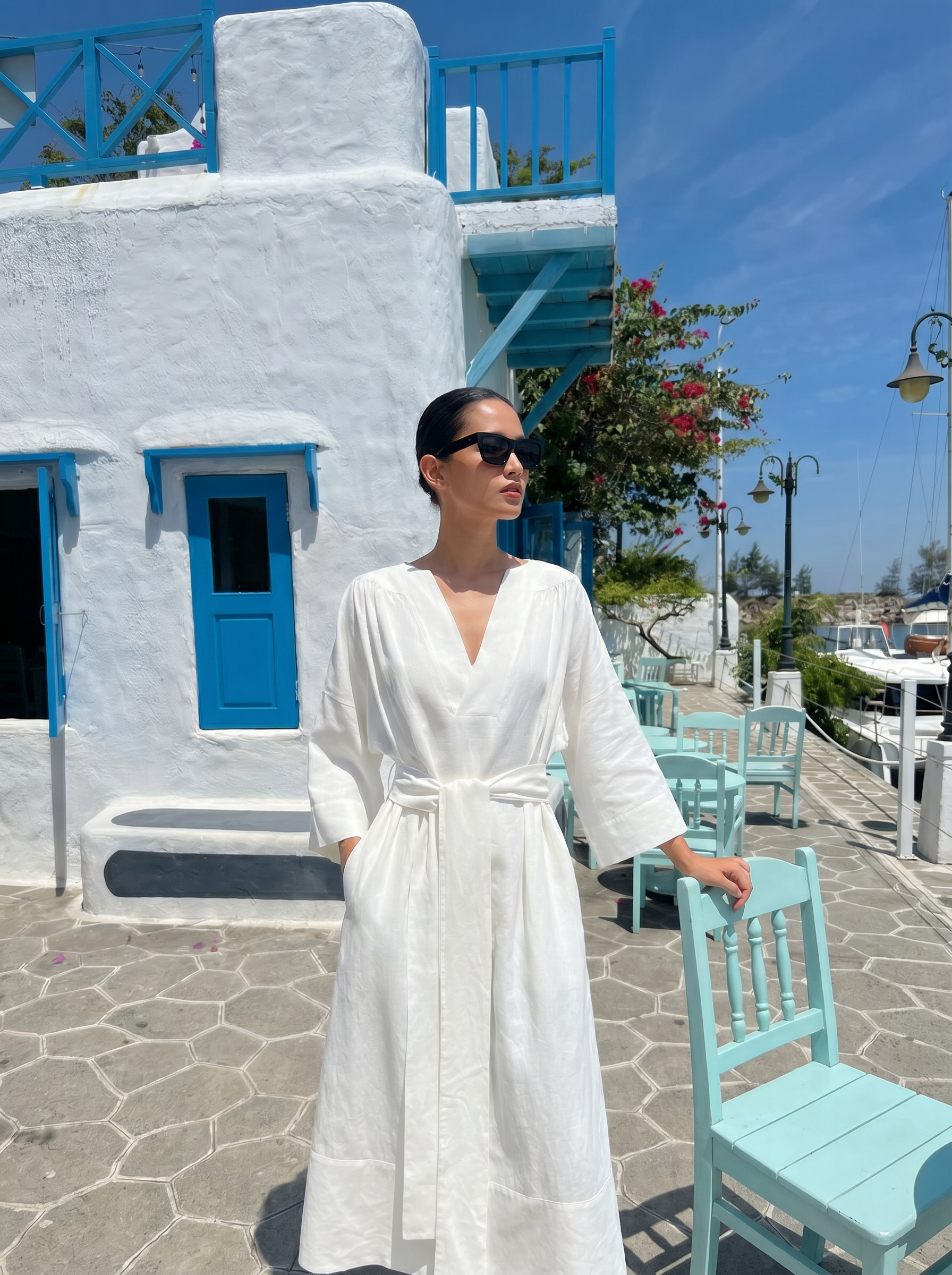 V-Neck Belted Linen Dress