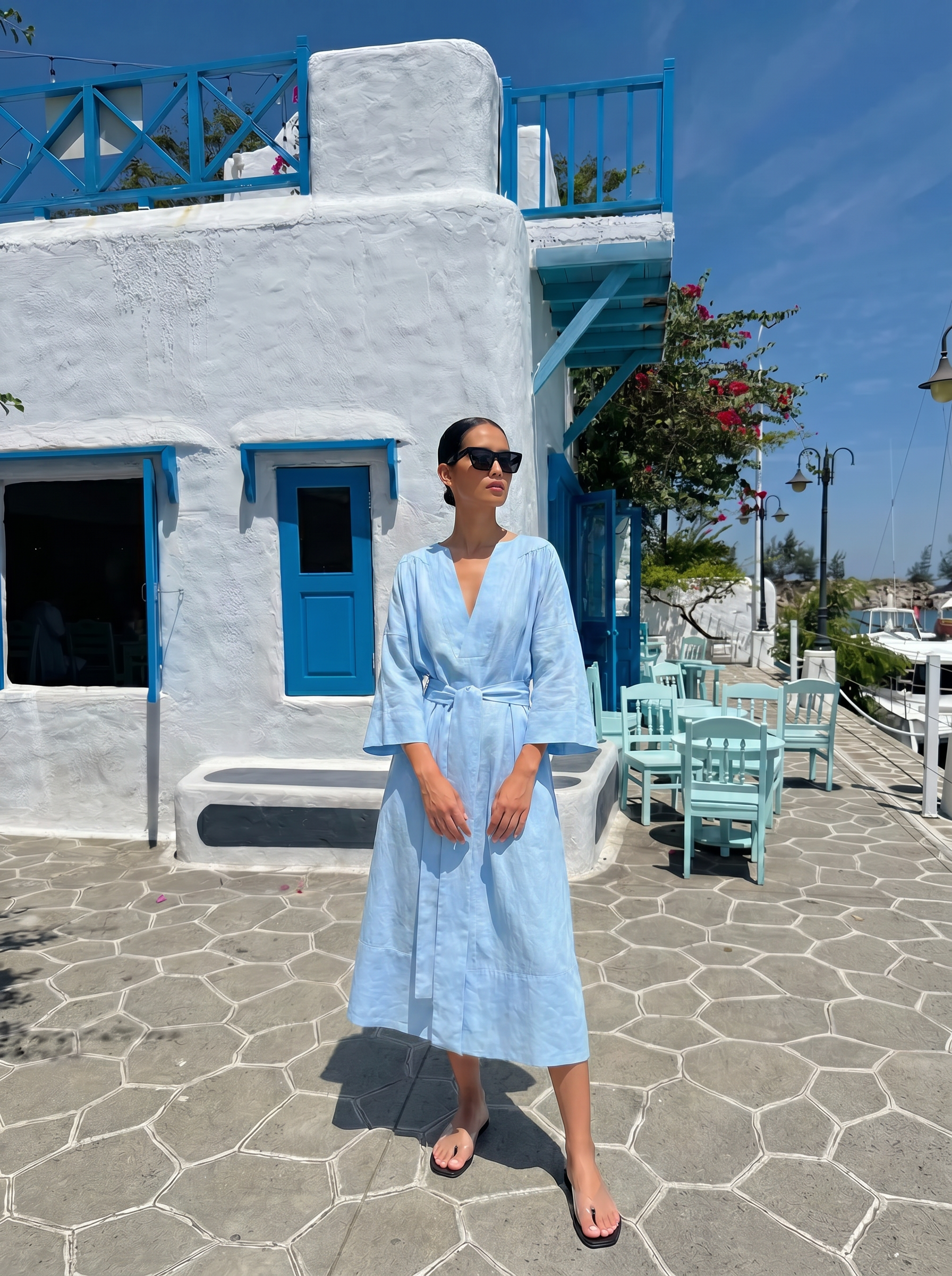 V-Neck Belted Linen Dress