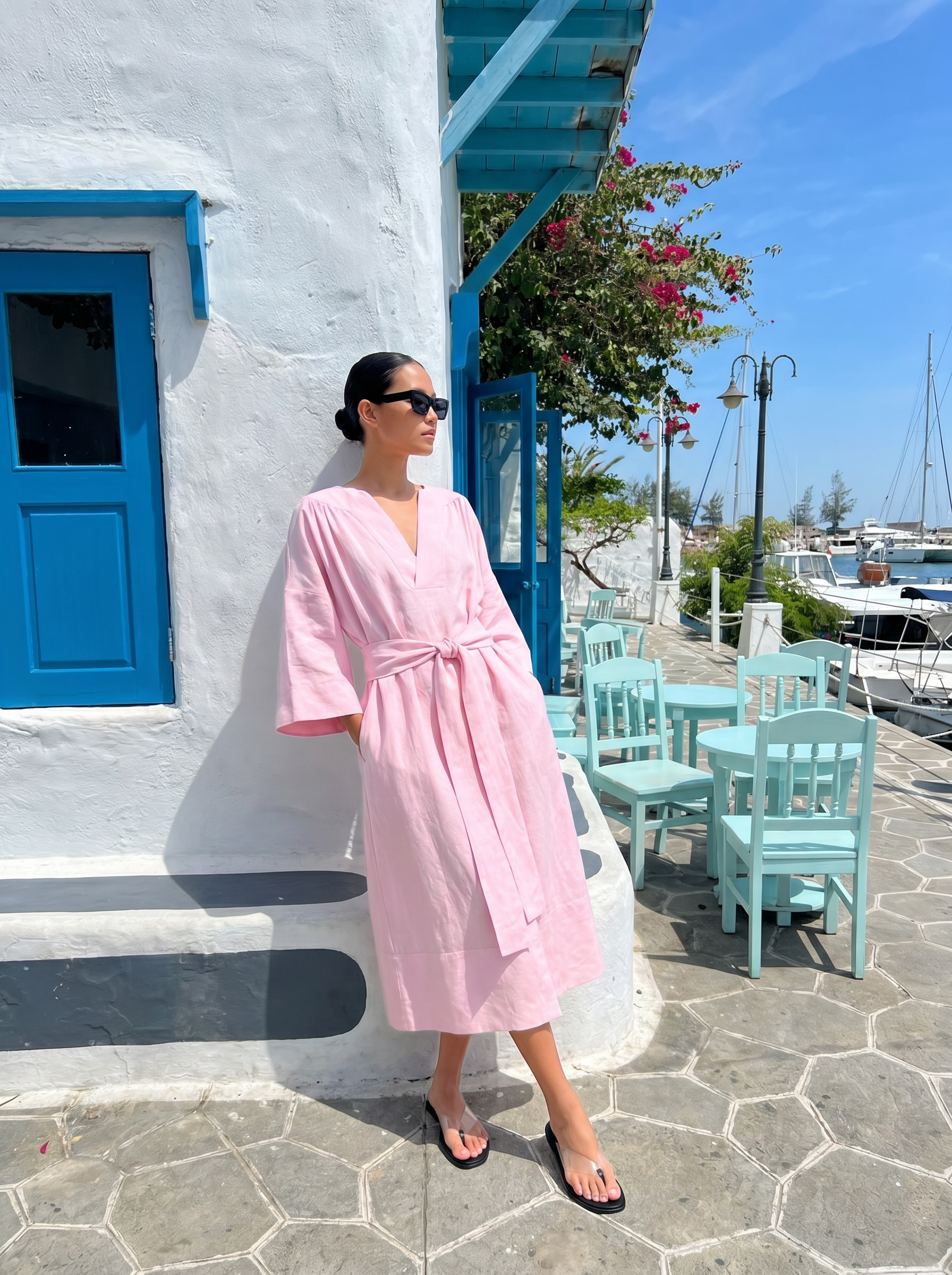 V-Neck Belted Linen Dress