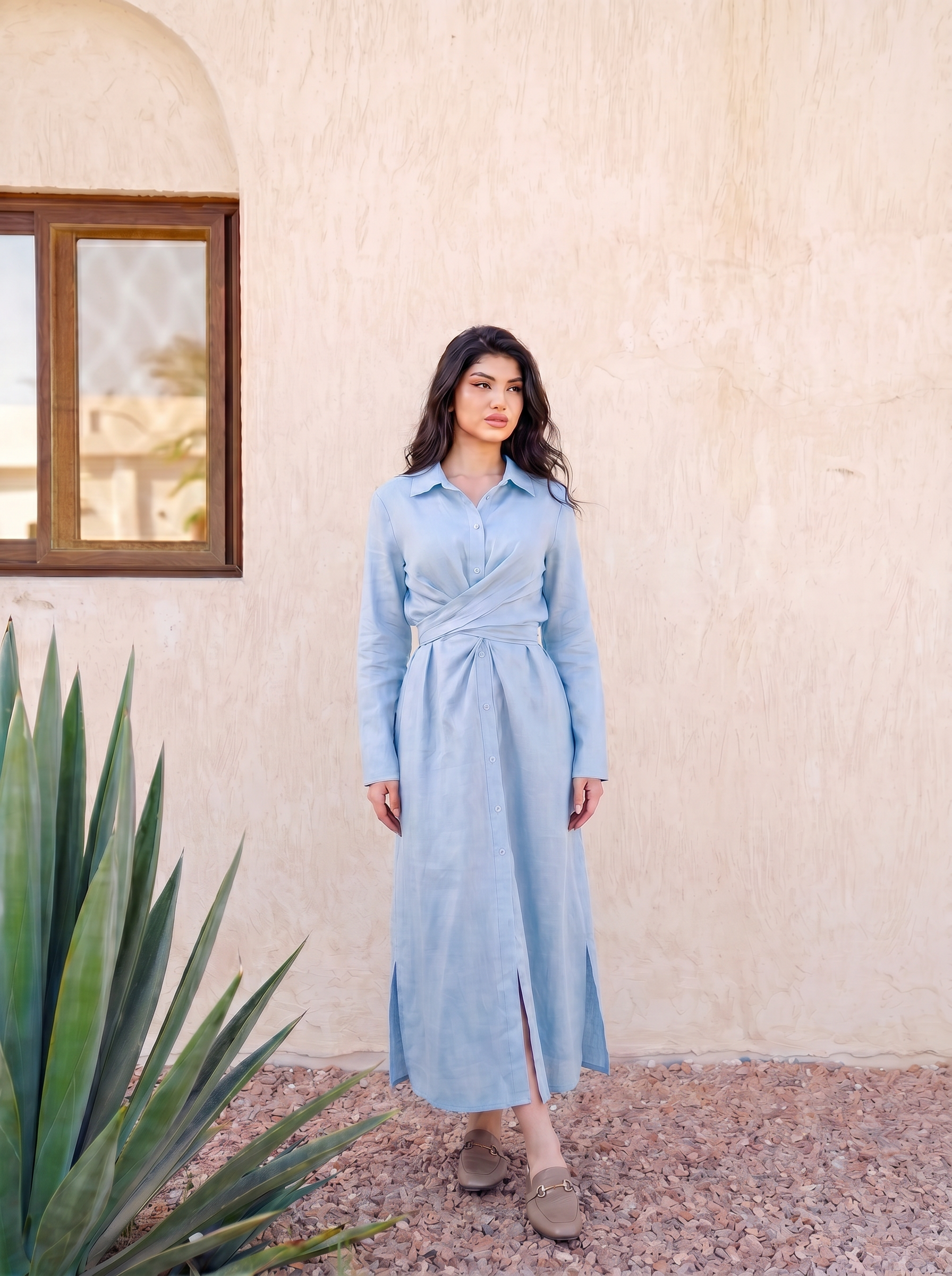 Twist-Waist Linen Shirt Dress
