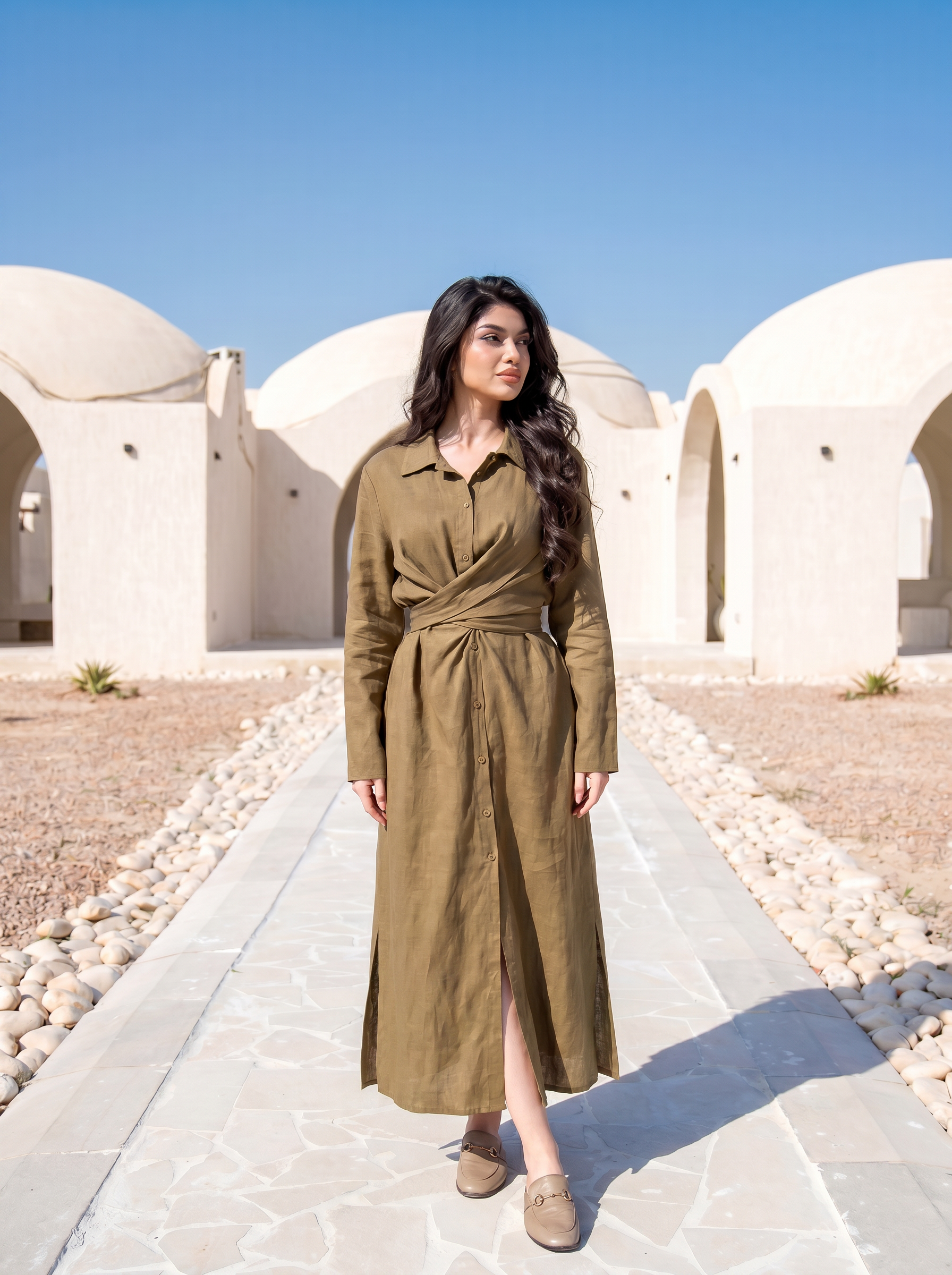 Twist-Waist Linen Shirt Dress