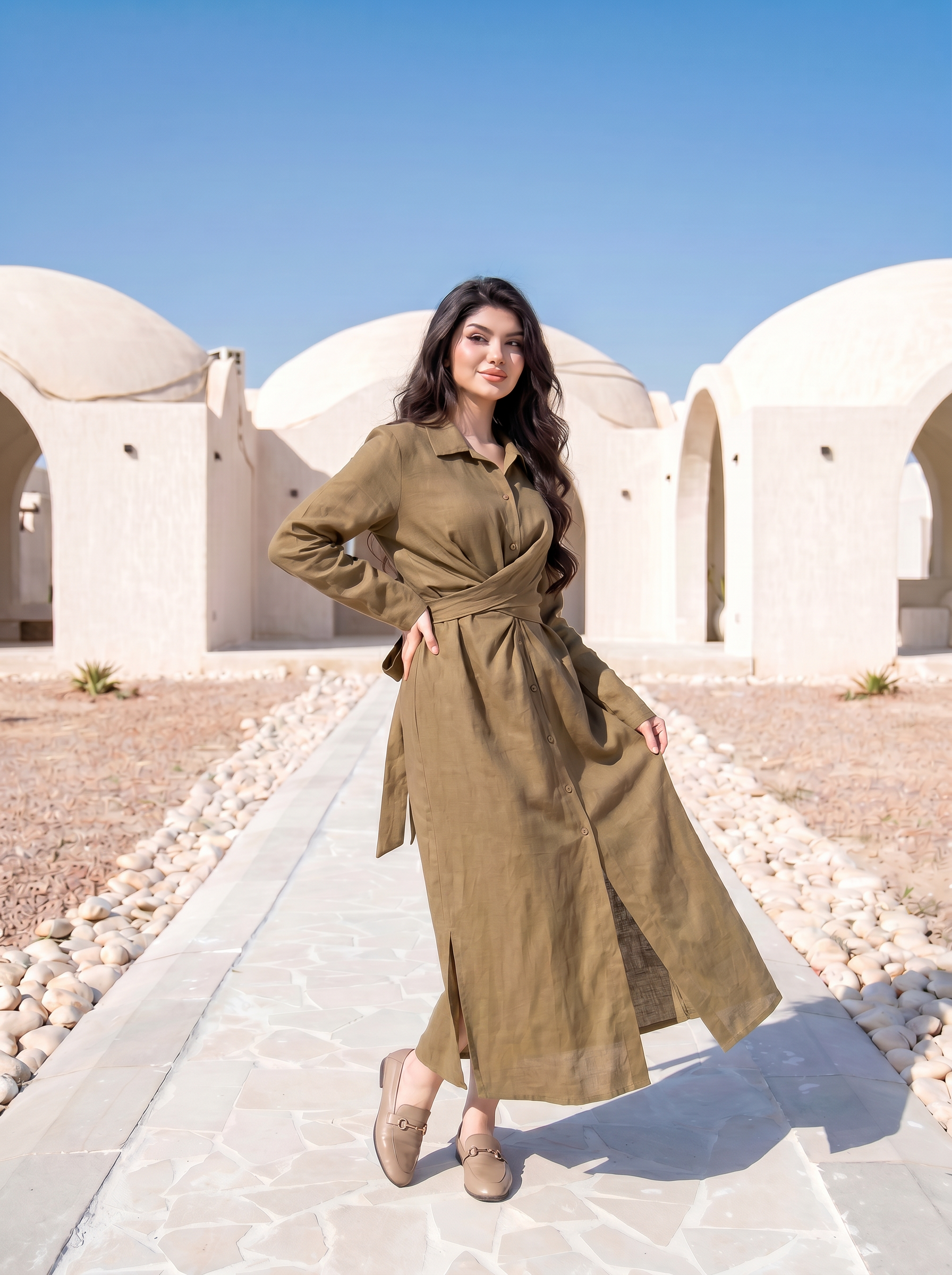 Twist-Waist Linen Shirt Dress