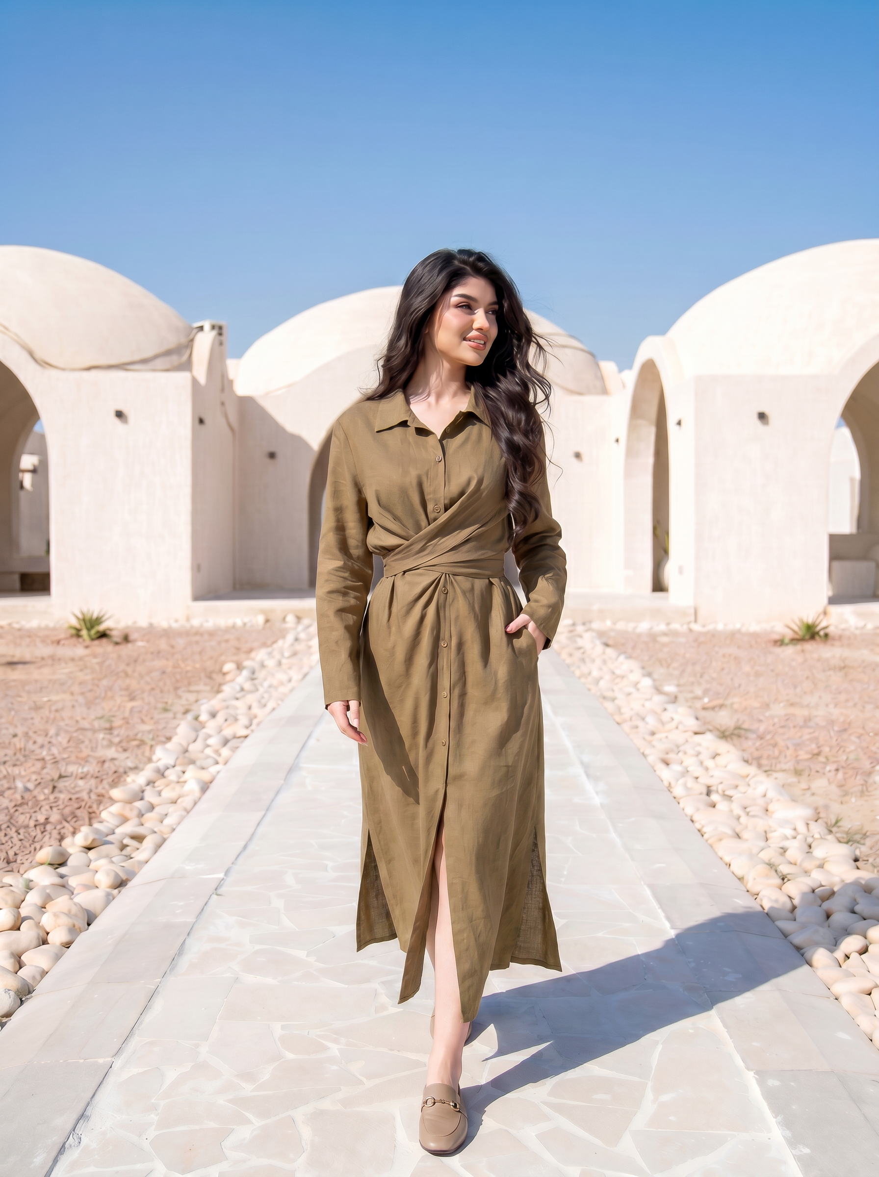 Twist-Waist Linen Shirt Dress