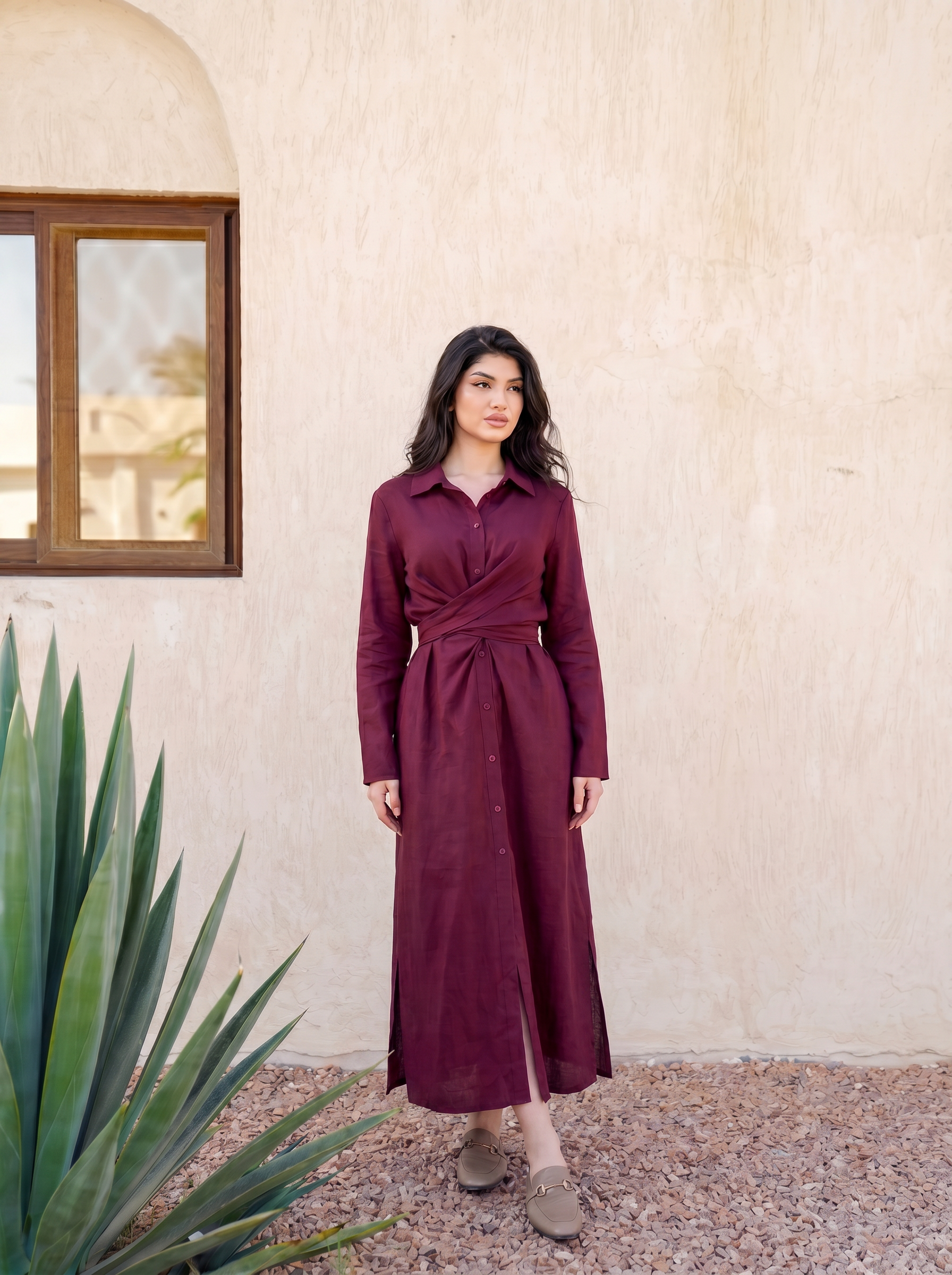 Twist-Waist Linen Shirt Dress