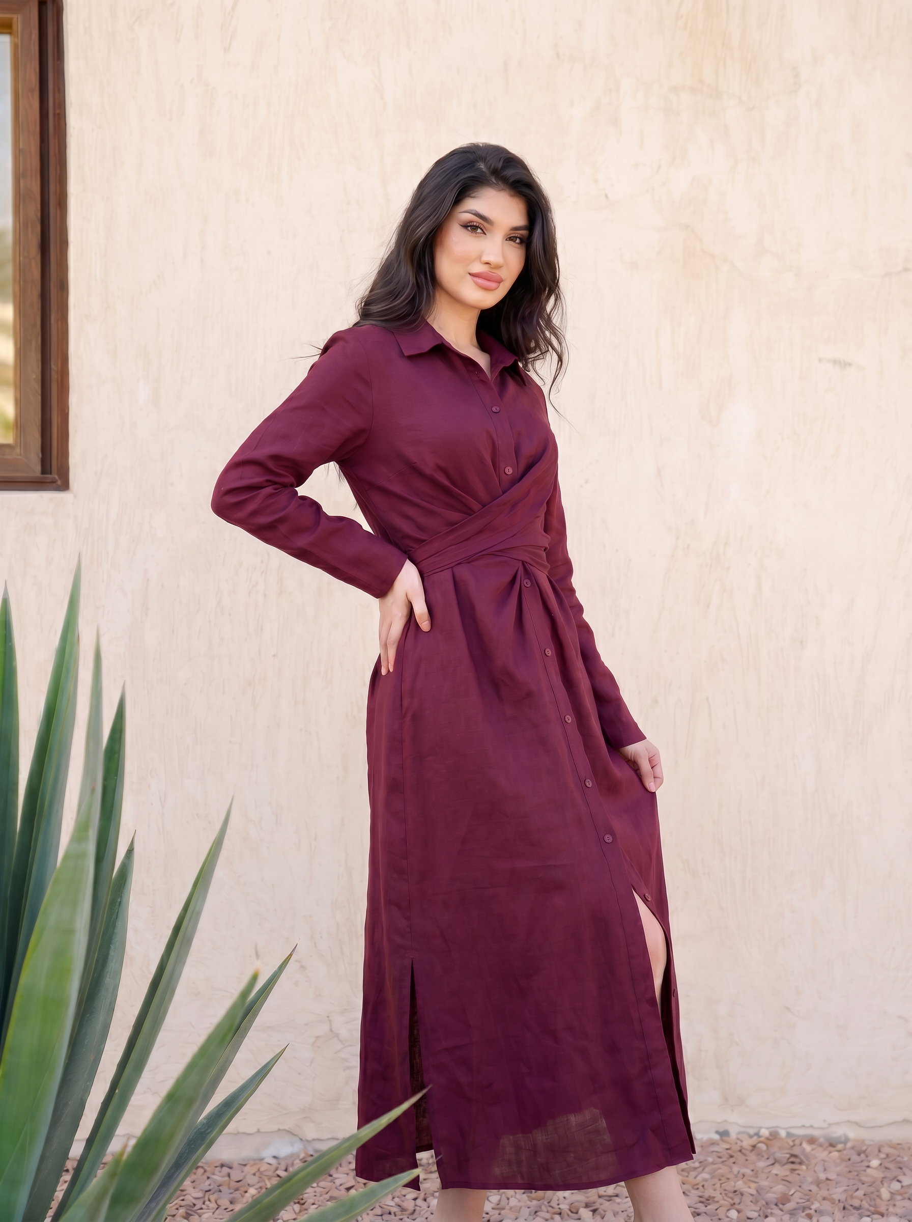 Twist-Waist Linen Shirt Dress