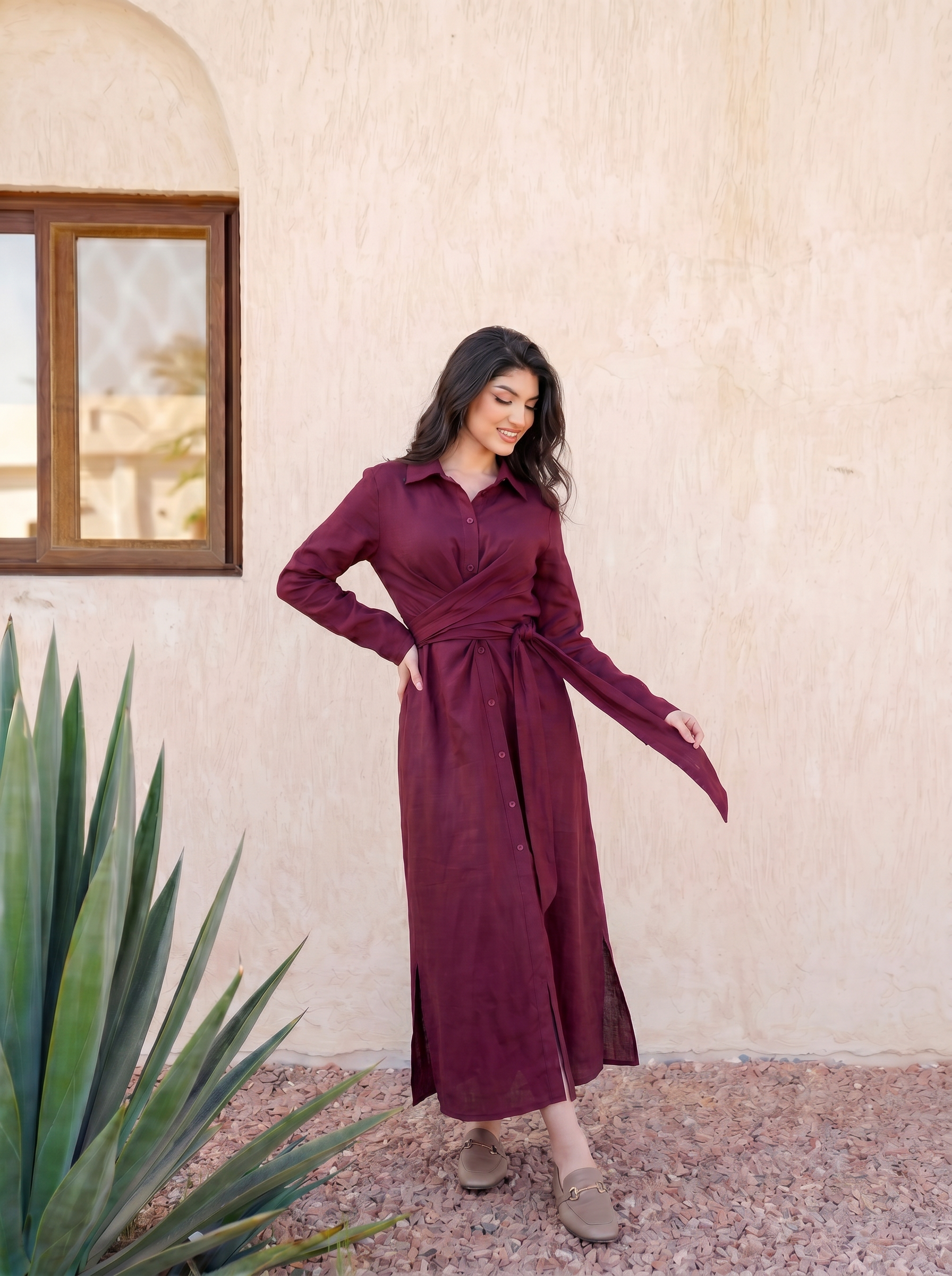 Twist-Waist Linen Shirt Dress