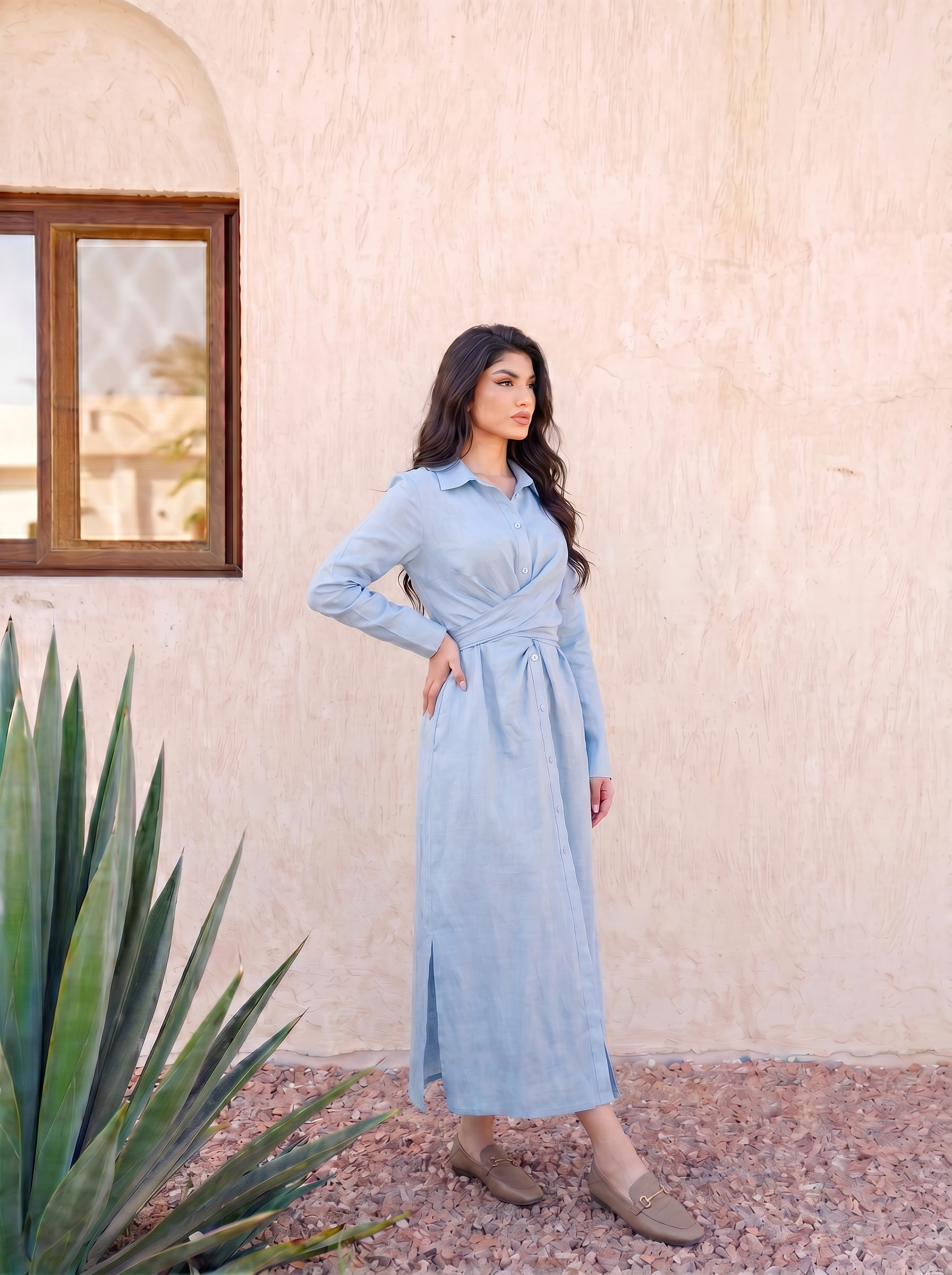 Twist-Waist Linen Shirt Dress